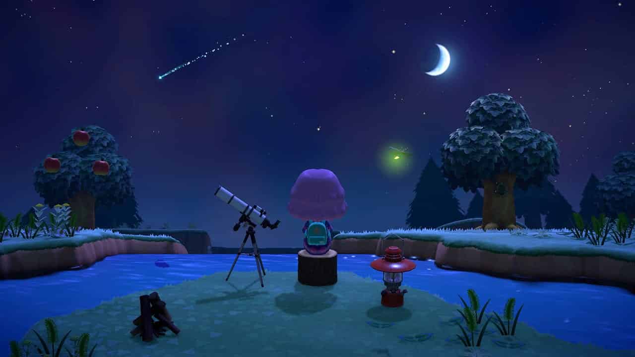 Noite na ilha. Personagem sentado em um tronco com um telescópio do lado