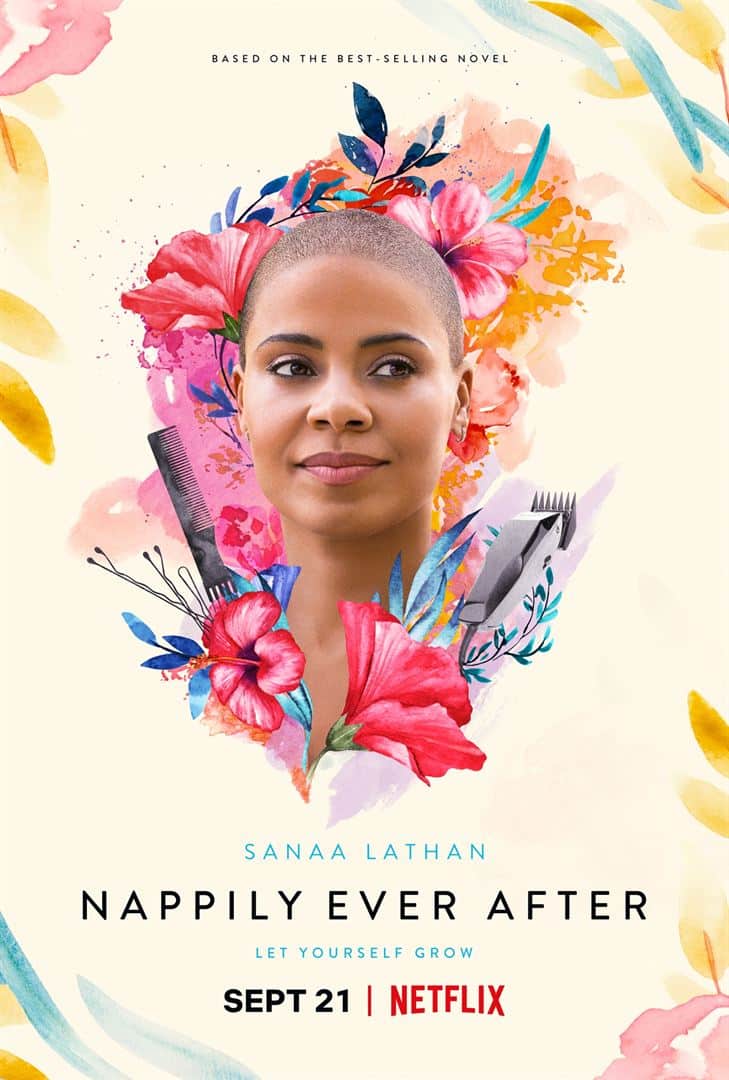 Capa do filme, mostra a protagonista só de rosto, careca, envolta por flores, pente e uma maquininha de cabelo | filmes para solteiros