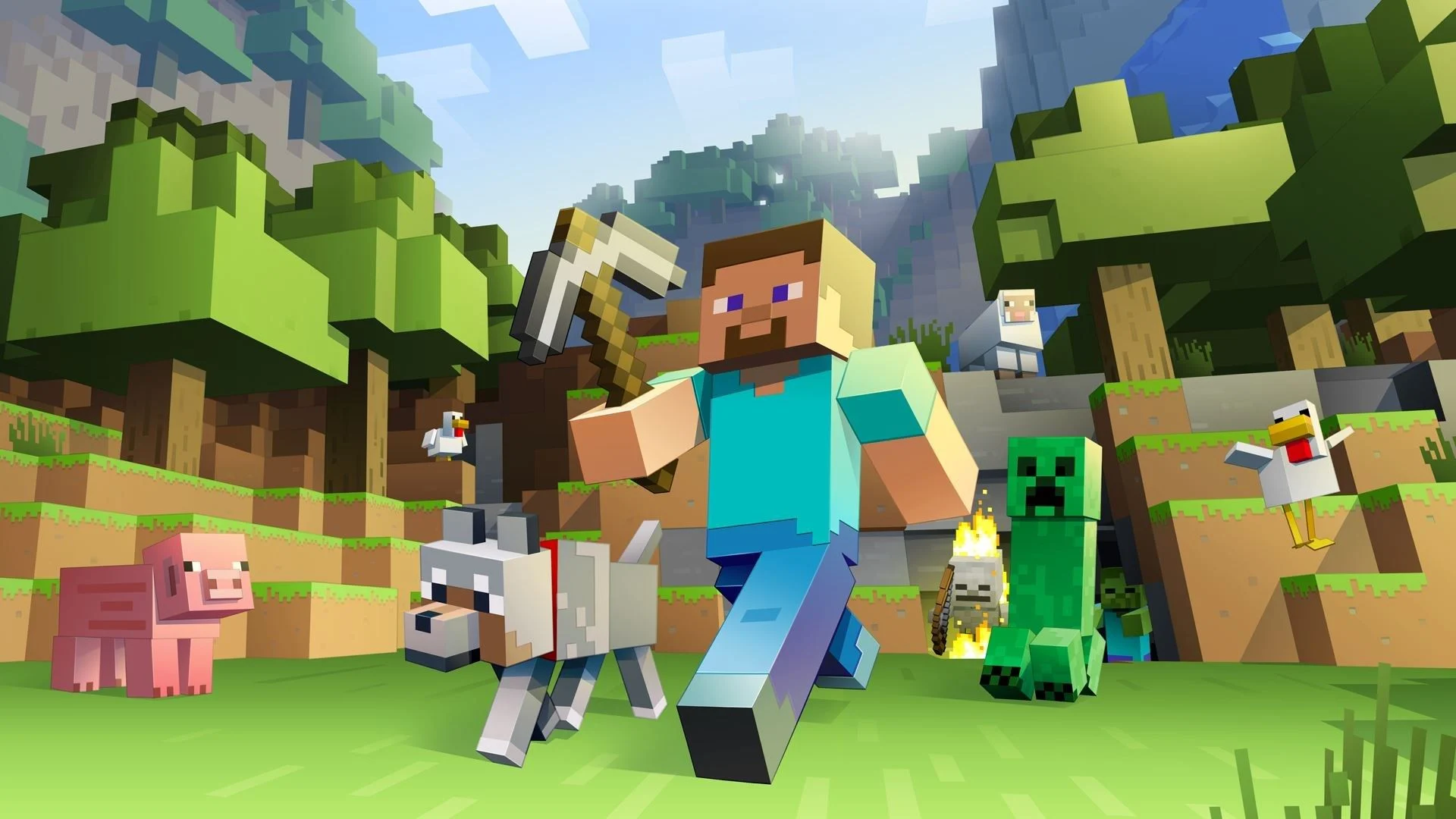 Minecraft: personagem steve com alguns dos animais do jogo.